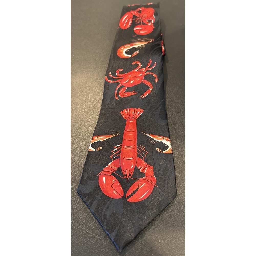 Museo Mens Tie Black Red Lobster Crab Shrimp Seafood Novelty Handmade Vintage